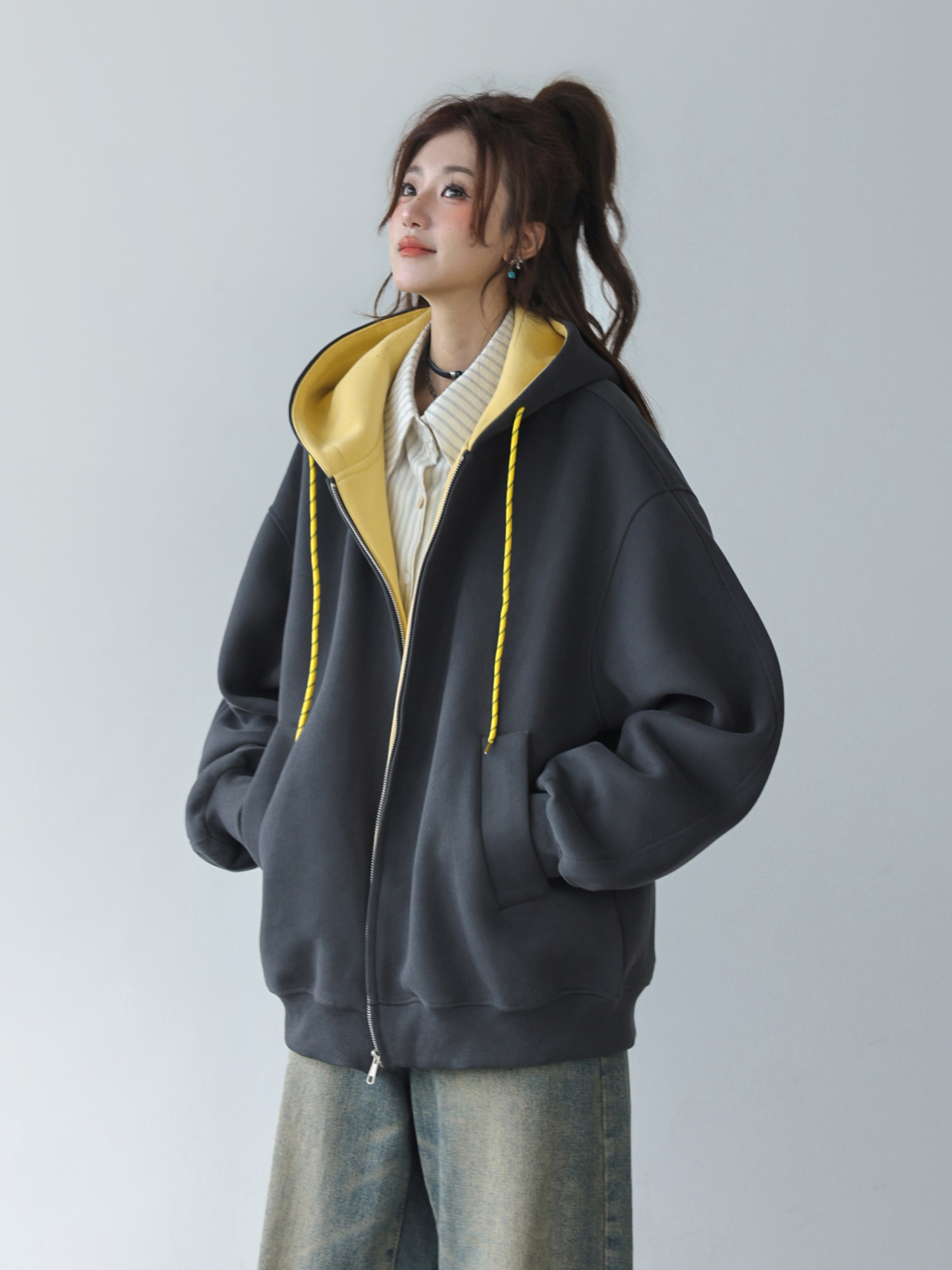 Gray Hooded Sweatshirt Women's Spring and Autumn American Lazy Chic Easiest for Match Jacket Zipper Cardigan