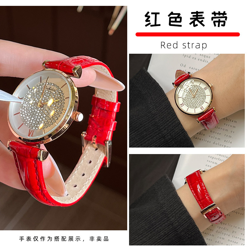 适配阿玛尼满天星手表带 AR11244/1926 AR1908亮光牛皮表链14mm女
