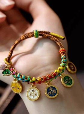 中国风彩色手绳女手工编织五路财神民族风手链藏式本命年复古手串