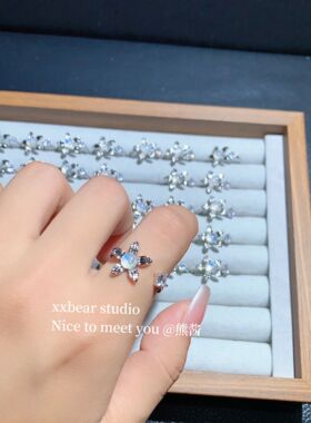 熊酱 天然蓝月光水晶戒指复古宫廷可调节活口轻奢小众饰品礼物