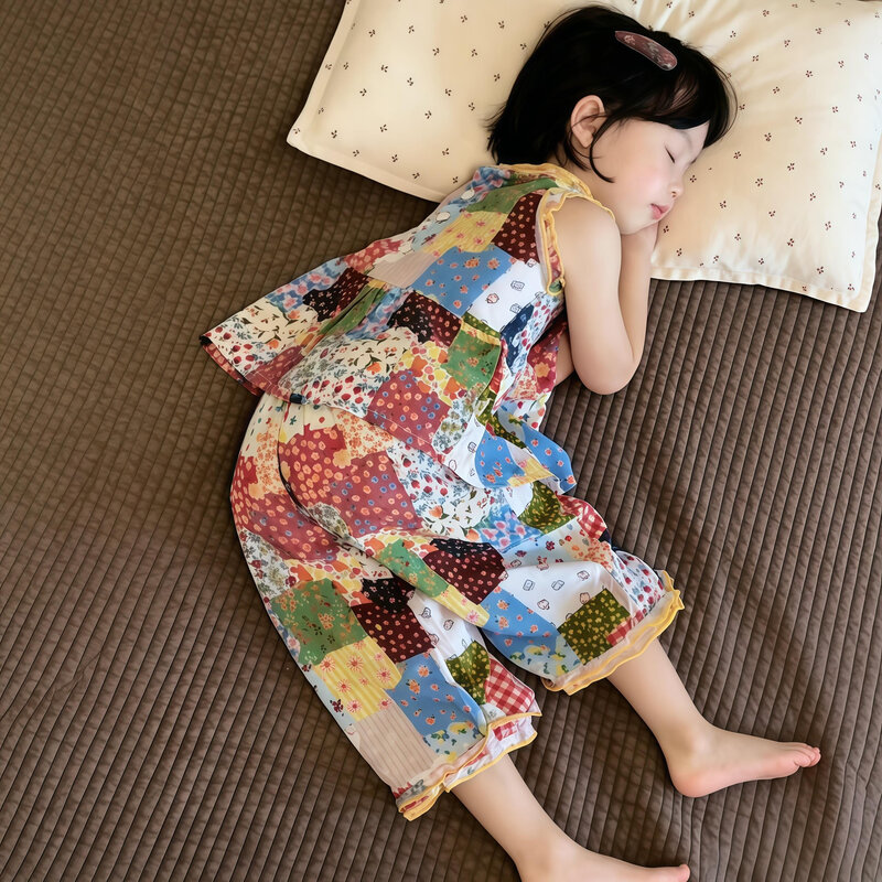 儿童睡衣套装女宝分体家居服夏薄款绵绸a类宝宝无袖七分裤空调服