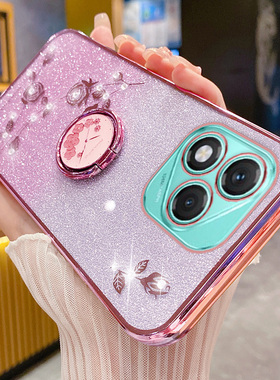 艾欧芭适用荣耀X5c手机壳honorX5Cplus保护硅胶套h0n0rx全包防摔5g软壳叉五C闪粉玫瑰海外版plsu指环支架花钻