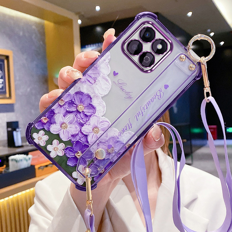 艾欧芭适用华为荣耀200smart手机壳honor200smart保护硅胶套ALT一NX1镜头膜全包防摔软壳5g花朵腕带斜挎挂绳