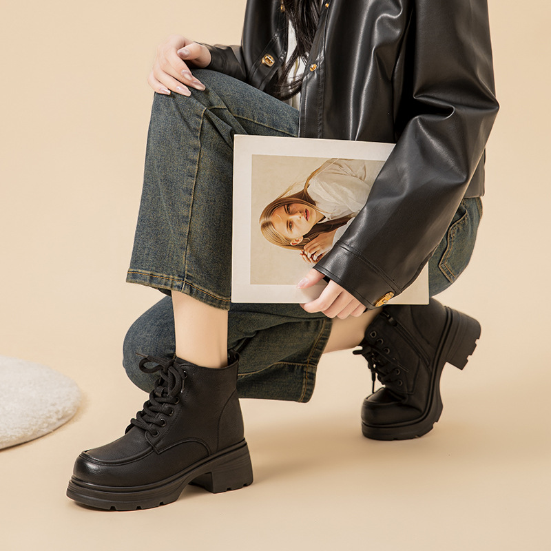 真皮马丁靴女加绒软底防滑增高鞋