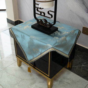 桌布轻奢高级感盖布小圆方桌中式灰蓝色防尘布保险柜罩床头柜盖巾