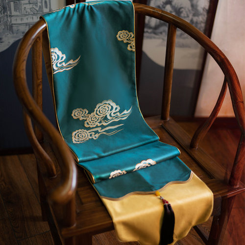 墨绿云纹绣花桌旗中式古典床尾巾