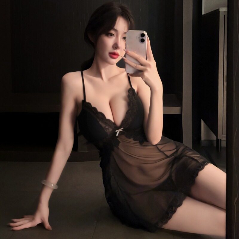 大码胖mm深V蕾丝性感睡衣女套装透视网纱纯欲诱惑甜美私房吊带裙