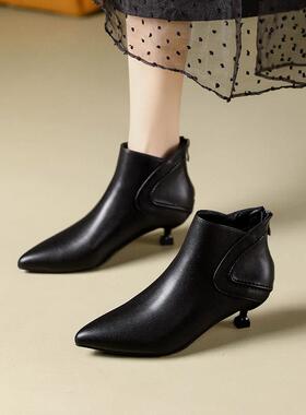 3公分不累脚小短靴女细跟秋冬新款黑色后拉炼炼尖头时装瘦瘦1221r