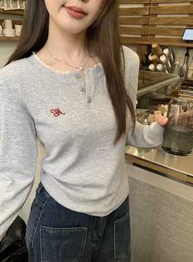 加码胖Mm2026春秋覆古蕾丝绣花t恤长袖女士底上衣0110w