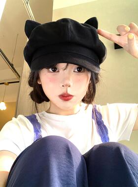 秋冬新款猫耳朵贝雷帽女百搭显脸小八角帽大头围黑色画家帽0905z