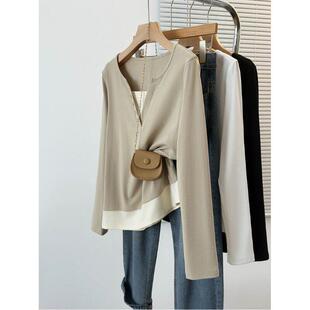 春夏休闲风V领撞色假两件T恤女装 胖妹妹百搭气质显瘦0325z 大码