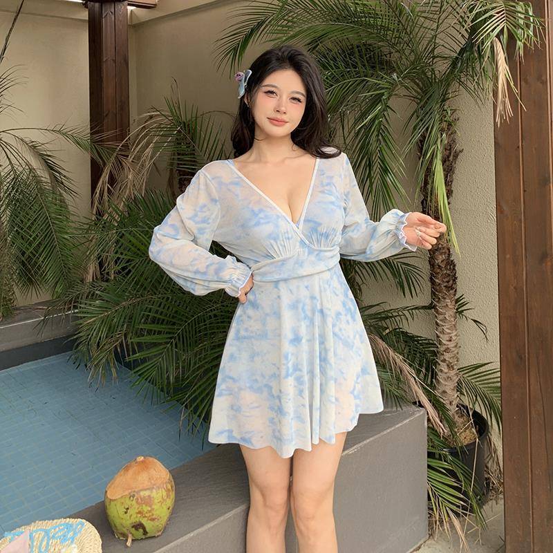 绝美纯欲泳衣女长袖连体裙式钢托聚拢温泉大码微胖mm显瘦遮1001z