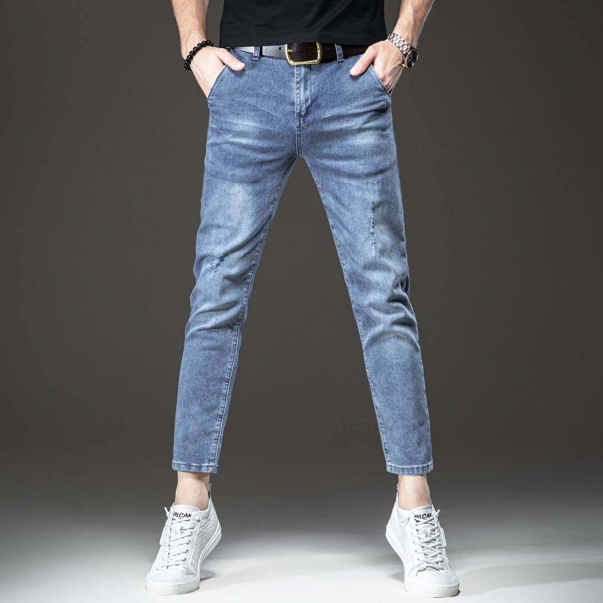 牛仔裤男士夏季薄款九分修身小脚弹破洞休闲高端百搭浅色裤0614k