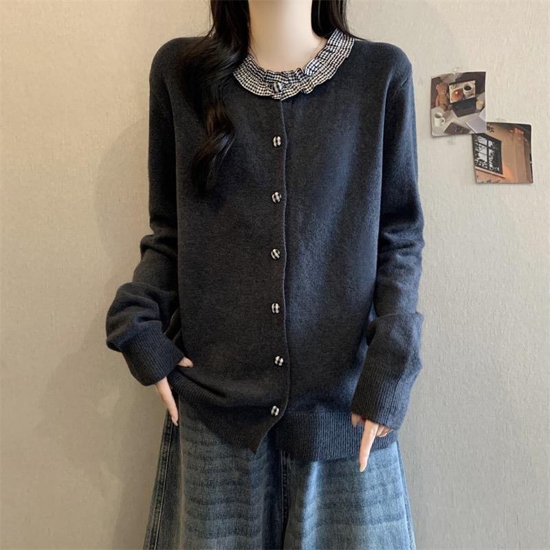 秋冬显瘦洋气针织衫女装毛衣上衣大码遮肚子格子木耳边胖mm0928c