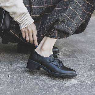 春季女小皮鞋风配裙子圆头面试鞋黑系带单鞋正装职业工鞋0209k