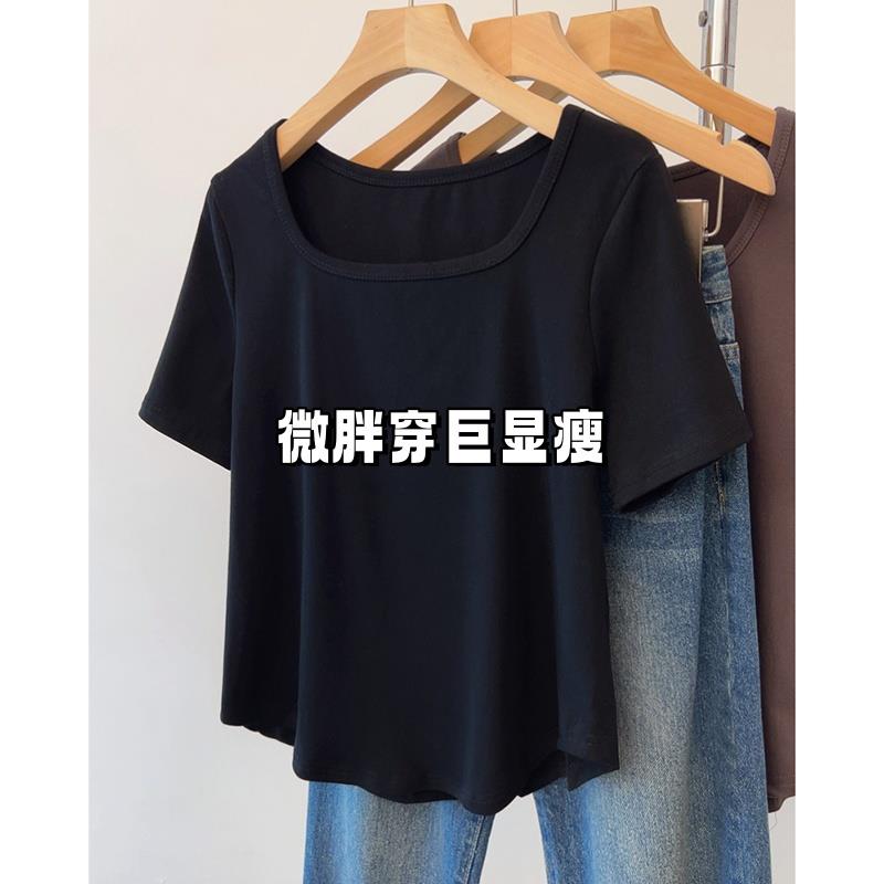 大码黑色正肩方领短袖t恤女夏季胖mm显瘦遮肚弧形下摆不规则0711z