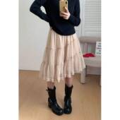 大尺码 不规则拼接网纱波点半身裙女春季 胖mm遮肉显瘦松紧腰0206r