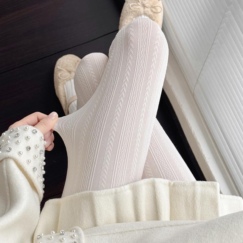 秋冬牛奶白色连裤袜女式丝绒深灰色丝袜扭曲小麦穗图案烟熏1122z