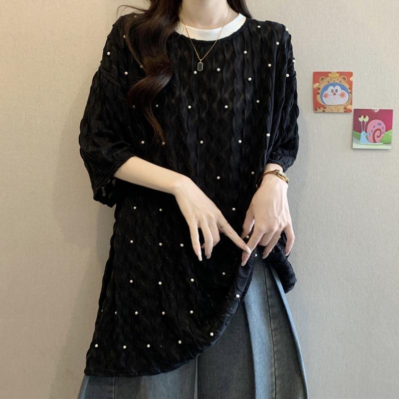 黑色钉珠褶皱短袖T恤女2025夏季大码胖mm显瘦气质独特中长款0622z