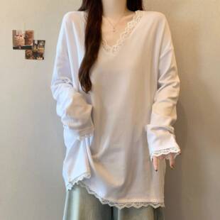 春夏温柔风V领蕾丝花边假两件T恤女大码 胖妹妹简约气质显瘦0325z