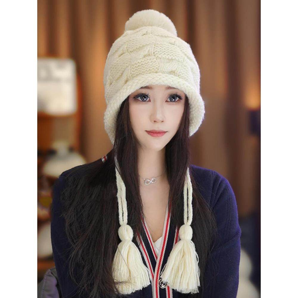 春季编织帽子女保暖护耳包头帽堆堆帽大毛球流苏针织毛线帽0103z