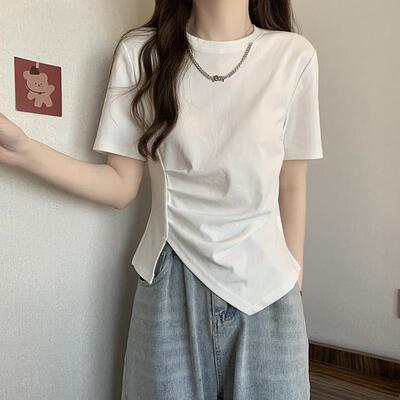 大码不规则短袖t恤女夏季韩版设计感修身显瘦遮肚子短款上衣0712z