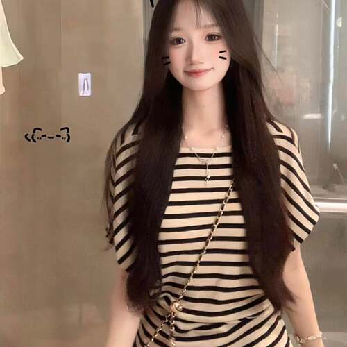 夏季法式温柔设计感条纹短袖T恤女新款宽松慵懒收腰显瘦小众0528z