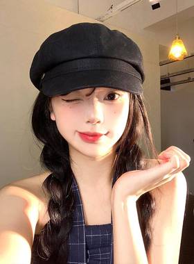 秋冬新款黑色贝雷帽女简约百搭显脸小八角帽大头围报童画家0905z