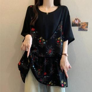 假两件0623z 大码 微胖mm夏季 格子碎花拼接宽松短袖 t恤女百搭中长款