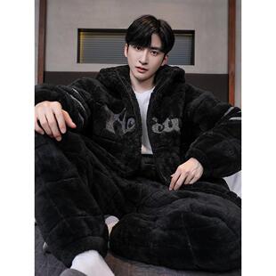 冬季珊瑚绒睡衣冬季三层夹袄加厚加绒连帽拉炼保暖家居服套1213w