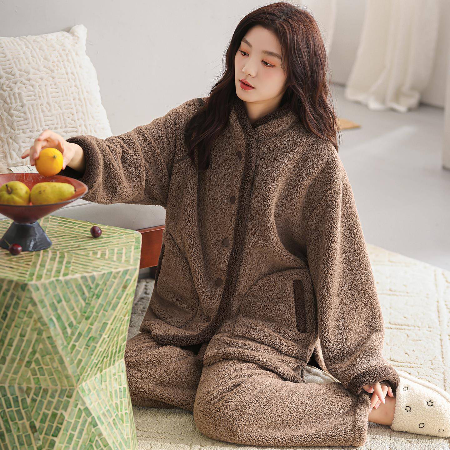 秋冬睡衣女款珊瑚绒家居服法兰绒加厚款大码加绒保暖套装1208z