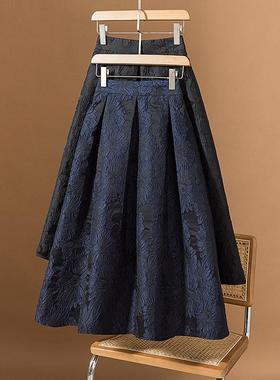 春季大码装秋季2026新款法式提花高腰显瘦黑色a字蓬蓬褶半身0115k