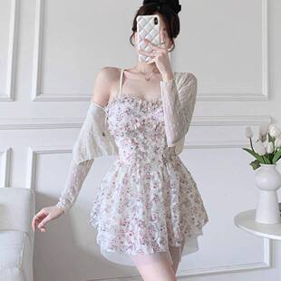 游泳衣女夏季甜美纯欲风碎花显瘦遮肚长袖罩衫两件套裙式连0829z
