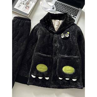冬季睡衣冬季珊瑚绒加厚加绒冬款三层夹袄保暖翻领家居服套1213w