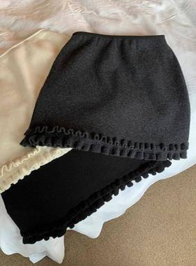 灰色感松紧腰百搭a字裙秋季高腰显瘦木耳边针织半身短裙0107k