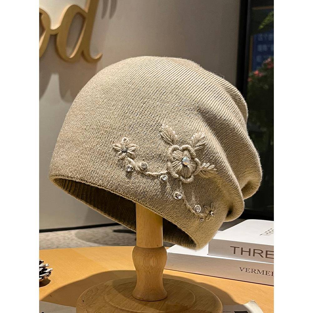 秋冬季女士帽子针织毛线帽花朵堆堆帽女款时尚包头保暖显脸1128n