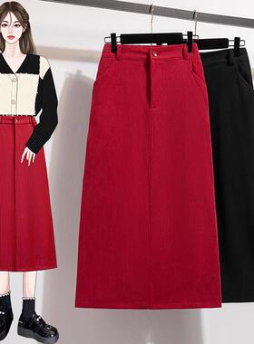 春季大尺码红色灯芯针织裙中长版半身裙胖梨形显瘦a字包臀裙0115k