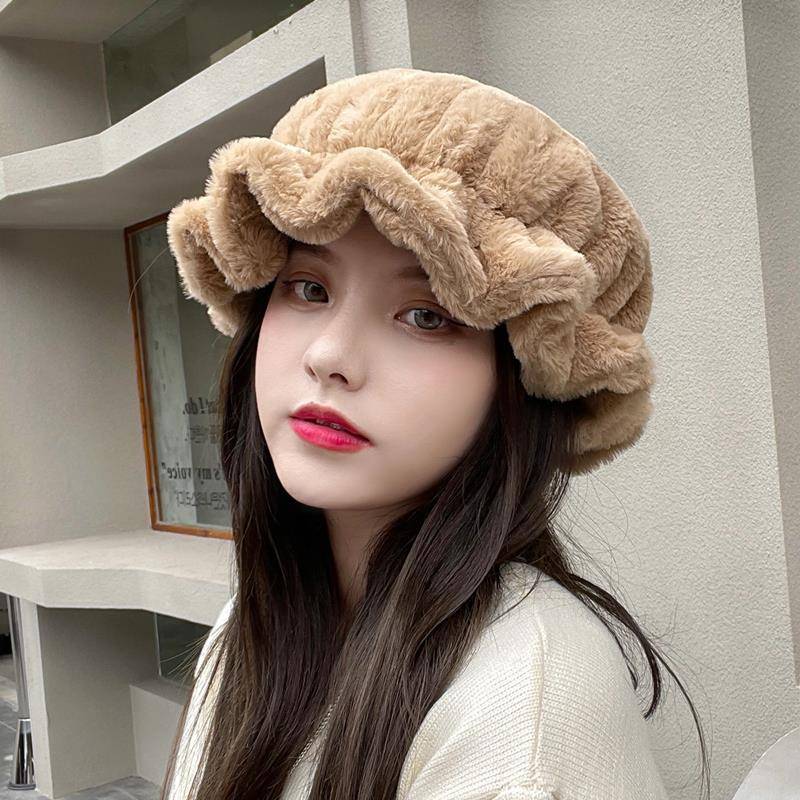 秋冬新款章鱼木耳边渔夫帽子毛绒女季韩版百搭贝雷盆帽潮0906z