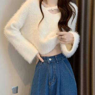 洋气上衣1011k 慵懒风短款 秋冬女毛衣打底水V领套头针织衫 新款