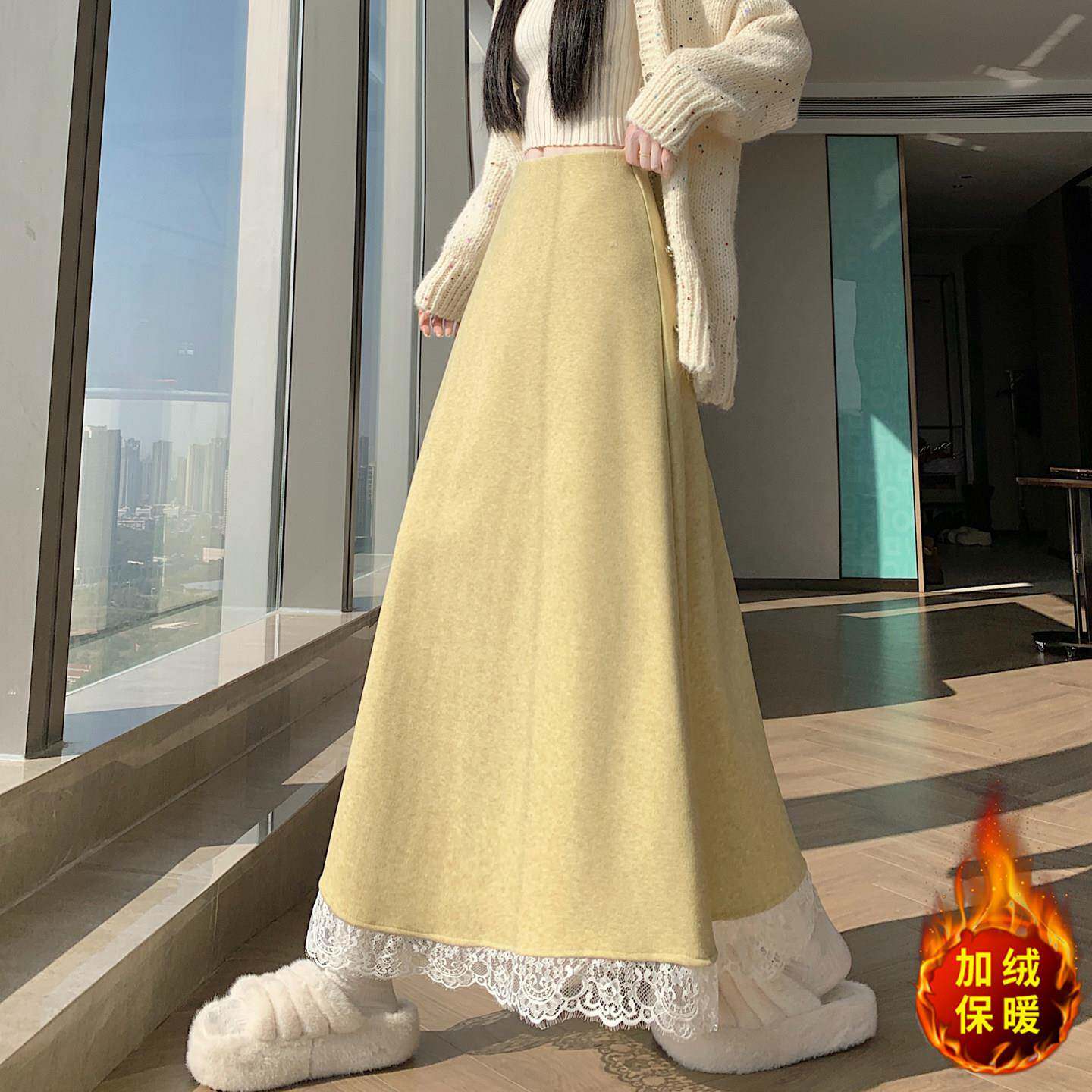 春季蕾丝拼接半身裙秋冬加加厚高腰显瘦垂感a字大摆伞裙长裙0127k