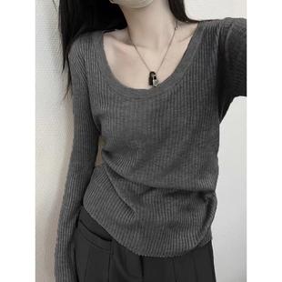 套头毛衣内搭打底衫 女大领口修身 上衣1220z 针织衫 秋冬灰色u领长袖