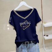 大尺码 春款 宽松显瘦遮0207z 拼接V领短袖 T恤女士装 2026新款 时尚
