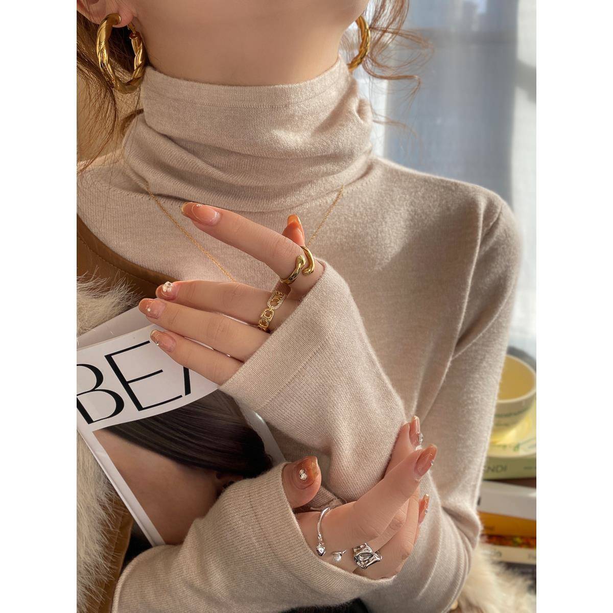 燕麦色堆堆高领打底衫女内搭2025冬新款毛衣感针织长袖上衣1119w