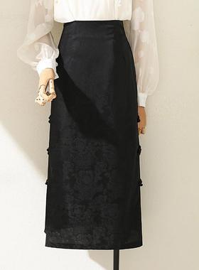 春季新中式盘扣高腰黑色半身裙2026新款感显瘦中长款a字裙0115k