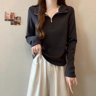 胖妹妹百搭气质显瘦0325z T恤女大尺码 春夏时尚 拉链半开领加绒长袖