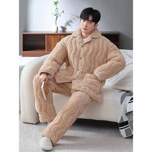 珊瑚绒睡衣男款冬季加厚加绒三层夹袄冬天男士翻领家居服套1111w