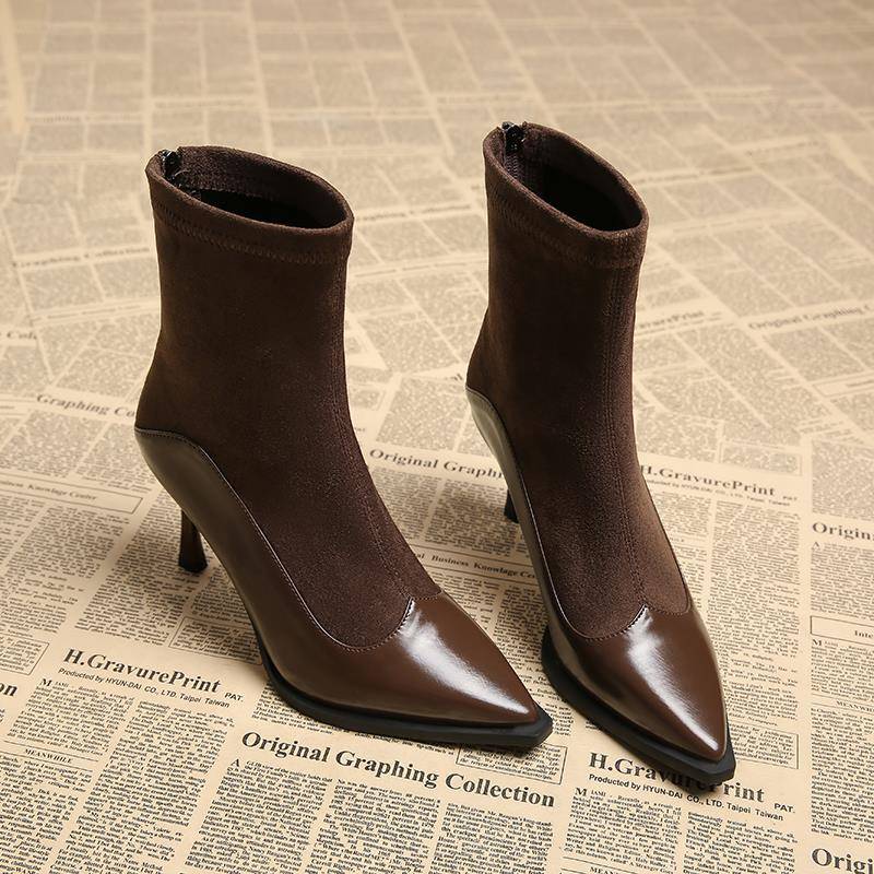 小短靴绒面拼接覆古棕色尖头细高跟瘦瘦靴秋裸靴1118z