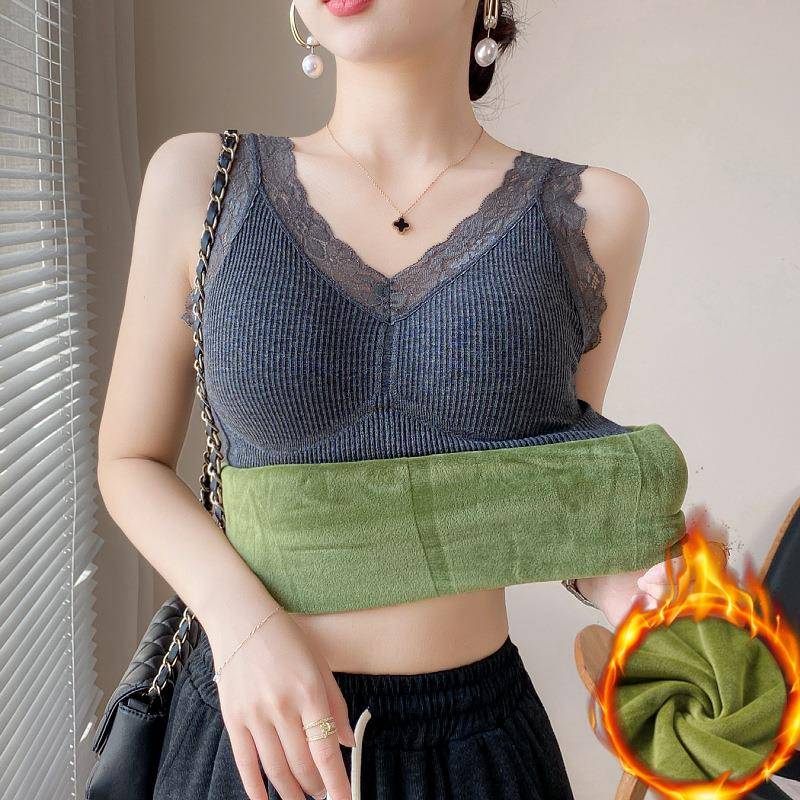 秋冬2025保暖加绒吊带背心女加厚蕾丝带胸垫内搭修身上衣打1130z