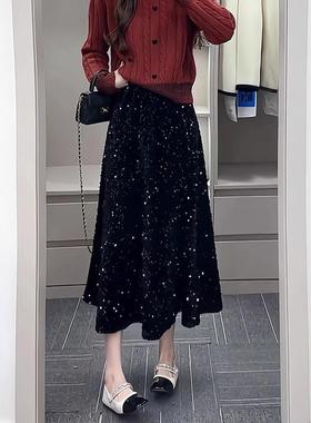 春季大码黑色丝亮片半身裙秋新款2026年感今年流行长款裙0115k