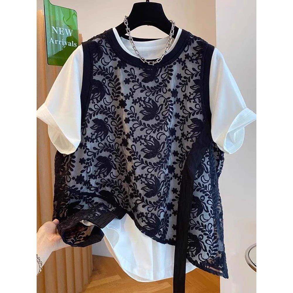 春夏季大码胖mm提花蕾丝马甲正肩短袖T恤两件套女2026搭配0304z